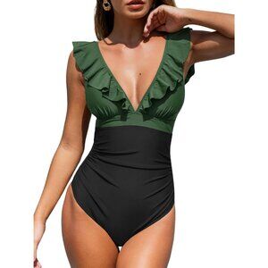Women's  Green Black Ruffled One Piece Swimsuit V Neck Lace Up